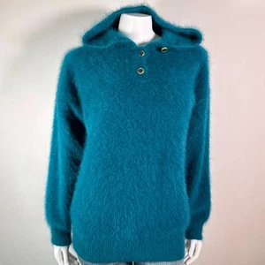 80% Angora Fuzzy VALERIE STEVENS Teal Pullover Hoodie Sweater 42 inch bust - Picture 1 of 11