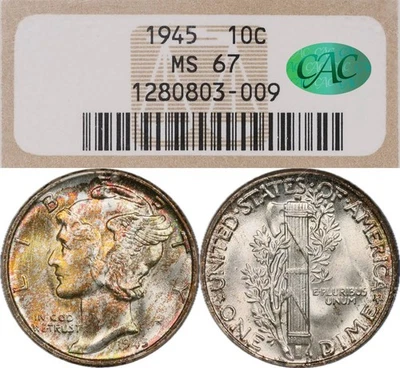 MS67 CAC 1945 10C Mercury Silver Dime, NGC Old Holder, Beautiful Rainbow Toned - Image 1 of 4