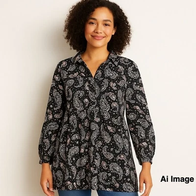Style Co Paisley Print Long Sleeve Tiered Tunic Dress Women's XXL Black Pink - Image 1 of 4