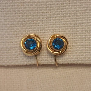 Vintage Amco 12k Yellow Gold-Filled Knot Blue Glass Screw Back Earrings - Picture 1 of 7