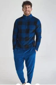 Primark Mens Checked Fleece Blue/Black Soft Warm Pyjamas Lounge Set Small. NEW - Picture 1 of 9