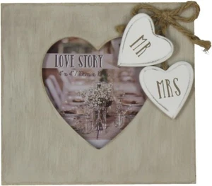 Love Story Wooden Heart Frame "Mr & Mrs" 4" x 4" - Picture 1 of 1