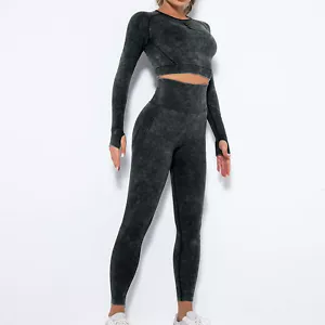 Women's Two Piece Outfit Long Sleeve Crop Top Tracksuit Yoga Legging Workout Set - Picture 1 of 43