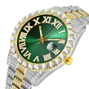 Luxury Brand Men's Hip Hop Iced Out Diamond Watch with Calendar Quartz Movement - Picture 1 of 21