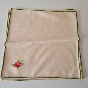 6 x Vintage Napkins Square Beige Colour Green Embroidered Trim Cross Stitch Rose - Picture 1 of 9