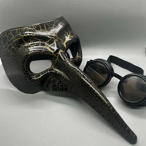 Venetian Plague Doctor Mask Mardi Gras Masquerade Black Gold W Steampunk Goggles - Picture 1 of 7