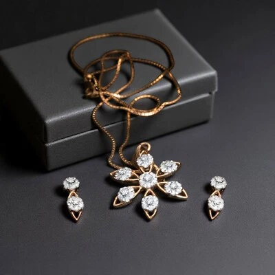 Pave 1.50 Cts Round Brilliant Cut Diamonds Necklace Earrings Set 14K Yellow Gold - Image 1 of 3