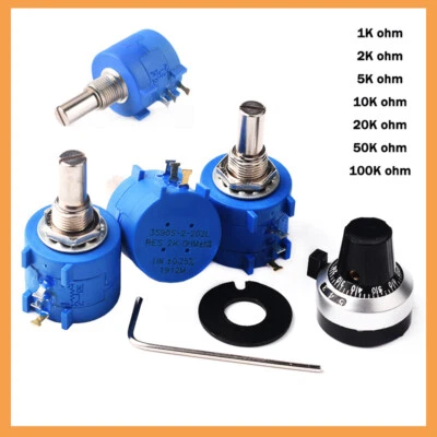 10 Gang Wendel Drahtpotentiometer 1K Ohm -100K Ohm 2 W Poti.. Potiachse 6,35mm  - Bild 1 von 4