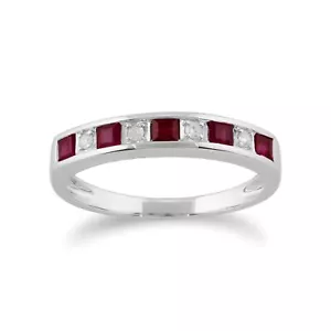 Anillo clásico cuadrado de rubí y diamantes de media eternidad oro blanco 9 quilates - Imagen 1 de 4