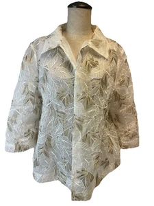 Chico’s 2 Size L White / Gold  Embroidered Floral Open Organza Jacket - Picture 1 of 10
