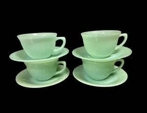 Fire King Jadeite Ribbed Cup & Saucer Oven Ware Set of 4 + FREE BONUS 9" Plate - Picture 1 of 6