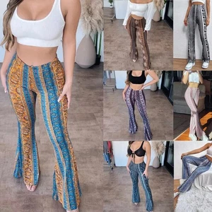 Womens Summer High WAIST Retro Printed Leggings Casual Flare Pants Trousers UK! - Picture 1 of 31