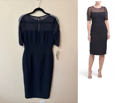 NWT MAGGY LONDON Blue Illusion Midi Dress With Pearl Details Sz 6 Bodycon - Image 1 of 4