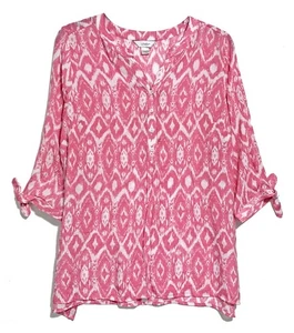 CJ Banks Pink and White Geometric Print Half Button Pullover Top, size 1X - Picture 1 of 4