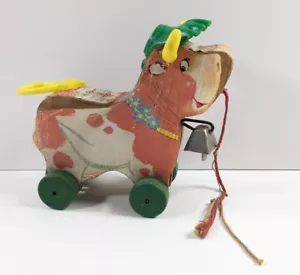 Vintage Rare 1960 Fisher Price Bossy Bell Cow Wooden Pull Toy Green Hat - Picture 1 of 10