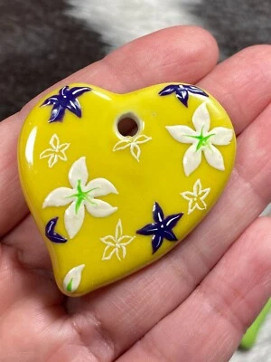 Daisy Pendant Flower Heart Ceramic Pendant 1.70" Yellow Jewelry Making - Image 1 of 3