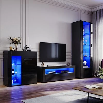 Black High Gloss Living Room Set LED TV Stand Cabinet Display Sideboard Cupboard - Image 1 of 4
