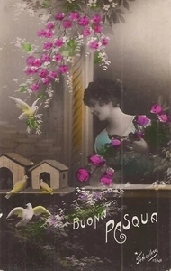 HAPPY EASTER / BUONO PASQUA - Doves, Beautiful Woman, Flowers - HAND COLORED - Picture 1 of 2
