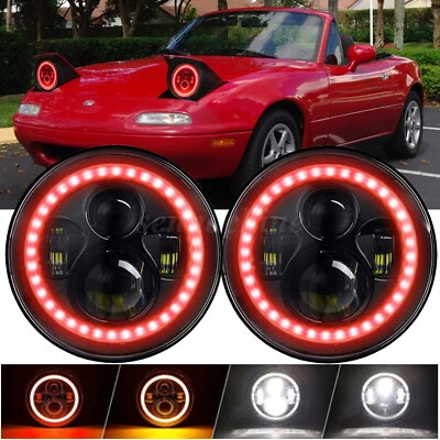 7" LED Headlights for 1990-1997 Mazda NA Miata MX5 Red Halo DRL Turn Signal Lamp Foto 1 de 4