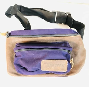 Vintage EASTPAK Fanny Pack Belt Bag Purple Canvas Brown Leather USA Made 90s - Picture 1 of 2