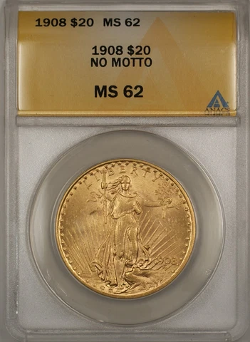 1908 No Motto $20 St. Gaudens Double Eagle Gold Coin ANACS MS-62 BP Cover