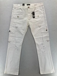 Preme Jeans Mens 40x34 Semi Stacked Fit Cargo Utility White Distressed Denim Y2K - Picture 1 of 15