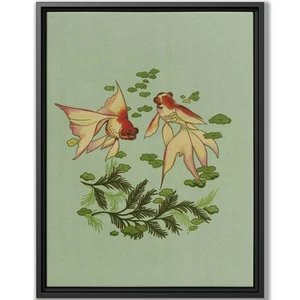 Chinese Goldfish Painting Canvas Wall Art Framed Botanical Decor Asian Art - Picture 1 of 9
