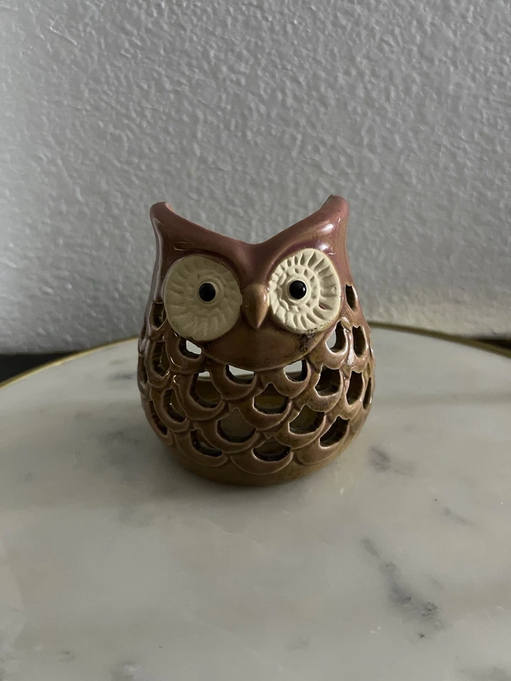 Vela de cerámica Owl Boho Shabby Chic marrón verde usada en excelente estado Foto 1 de 4