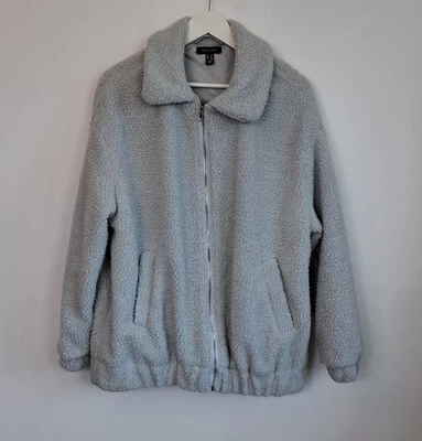 New Look Oversized Bomber Jacket Size 12 Dusky Grey Borg Teddy Bear Collar Coat - Image 1 of 4