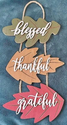 BLESSED THANKFUL GRATEFUL TRIPLE FALL LEAF WALL HANGING! THANKSGIVING/AUTUMN - Image 1 of 4