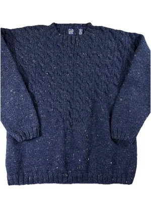 VTG Gap Chunky CableKnit Wool Sweater Men L Blue Grandpa Fisherman 90s Y2K Twill - Image 1 of 4