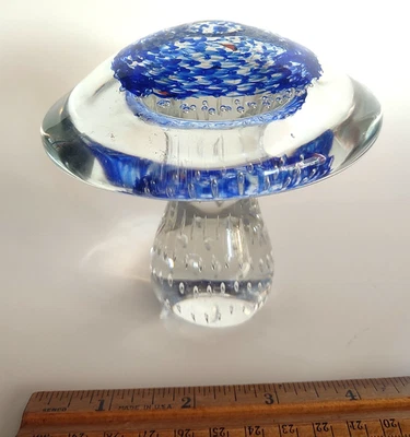 Controlled Bubbles Clear Stem Blue Cap Mushroom Art Glass Paperweight *4.25" - image 1 of 4