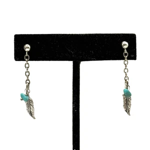 Vintage Sterling Silver Turquoise Dangle Earrings Feather Drop Southwest Boho - Picture 1 of 8