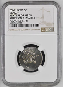 LIBERIA UNIQUE 5 CENTS DRAGON MILLENNIUM 2000 SMALLER PLANCHET ERROR NGC MS68 - Picture 1 of 2