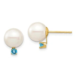 14k Yellow Gold 8-8.5mm White Round FW Cultured Pearl Swiss Blue Topaz Post Earr - Picture 1 of 1