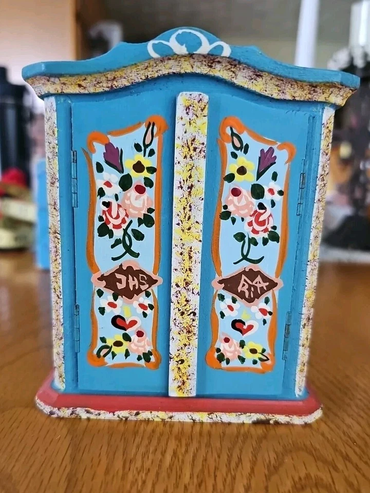 Vintage Dollhouse Wood Armoire With Shelve Painted Blue Flower West Germany 4.5" - Image 1 of 4