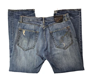 Ed Hardy Vintage Spellout Button Fly Distressed Denim Jeans Mens 36x33 FLAW - Picture 1 of 13