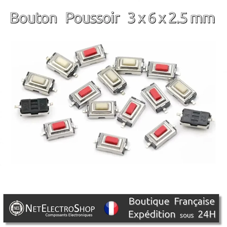 Bouton Poussoir CMS, 3x6x2.5, Micro Interrupteur, Switch SMD, 2 pins, 5 à 50pcs - Photo 1/4