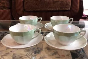 Juego de tazas y platillos VICTORIA China Checoslovaquia verde lusterware blanco para 4 - Imagen 1 de 9