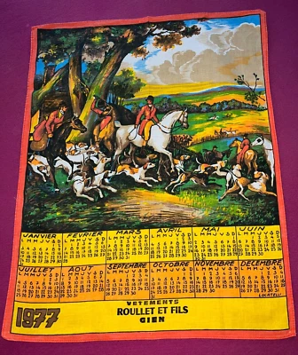 Torchon ancien calendrier 1977 publicitaire , chasse à courre - Photo 1/3