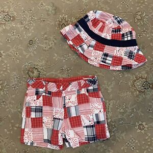 Janie And Jack Girls 3t Red White Blue Plaid Shorts And 2t-3t Matching Hat