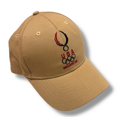 2008 Beijing Olympics USA Hat Strapback Tan Brown 100% Cotton Baseball Cap - Image 1 of 4