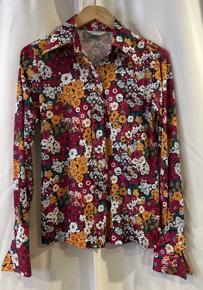 Vintage 70s Floral Groovy Floral Button Down Size 12 - Image 1 of 4