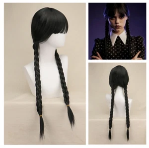 Wednesday Addams Family Wig Cosplay Long Black Braids Hair with Bangs Props UK - Picture 1 of 13