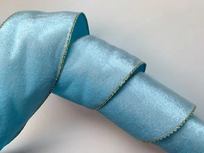 Light Blue Velvet with Satin Back Ribbon, 2.5 In Wide, Wired Edge, 3 YARDS - Image 1 of 3