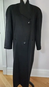Cassidy Vintage 80s Sz 10 Hand Tailored Pure Wool Solid Black Lined Long Coat - Picture 1 of 19
