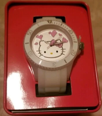 NEW SANRIO HELLO KITTY WHITE SILICONE BAND+SILVER DIAL+PINK HEART - Image 1 of 4