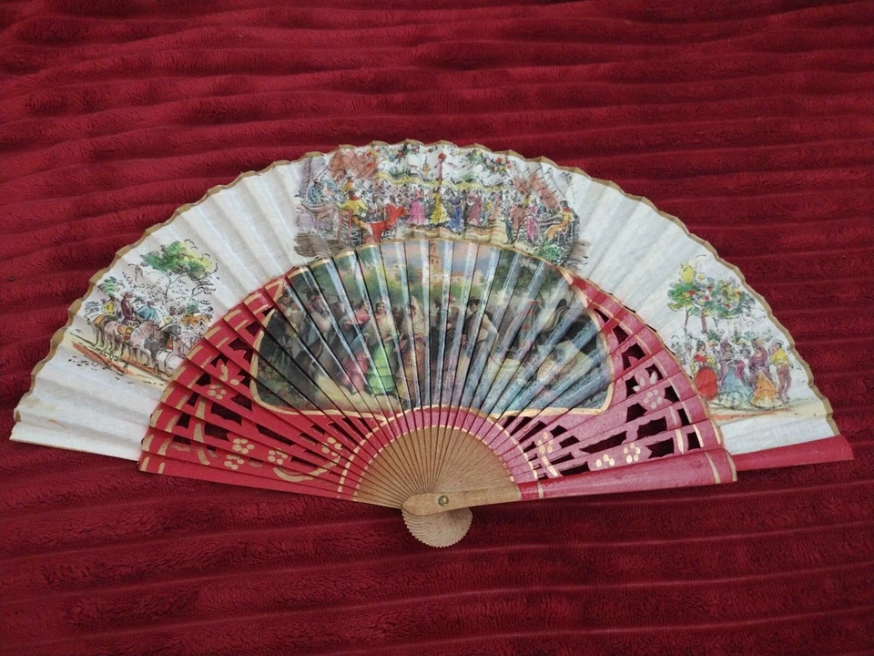 Vintage? Luque Tetuan Sevilla Wood Linen Fan Madrid Spain Souvenir W Box - Image 1 of 4