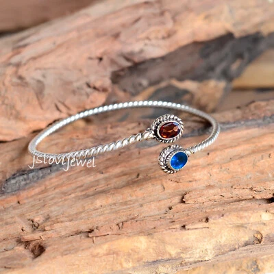 Brazalete brazalete artesanal de plata de ley 925 con piedras preciosas granate facetadas de tanzanita Foto 1 de 4