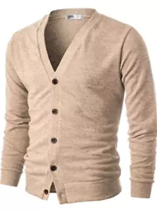 NEW OHOO Men's Slim Fit Ribbed Knit Cardigan with Pockets Beige Size XL - Picture 1 of 2